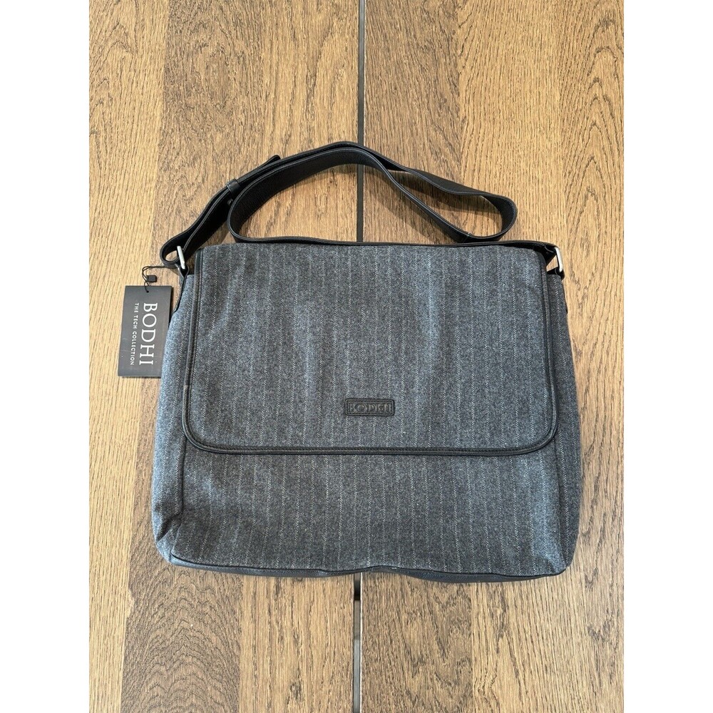 NWT Bodhi The Tech Collection Gray Striped Flannel Leather Messenger Laptop Bag